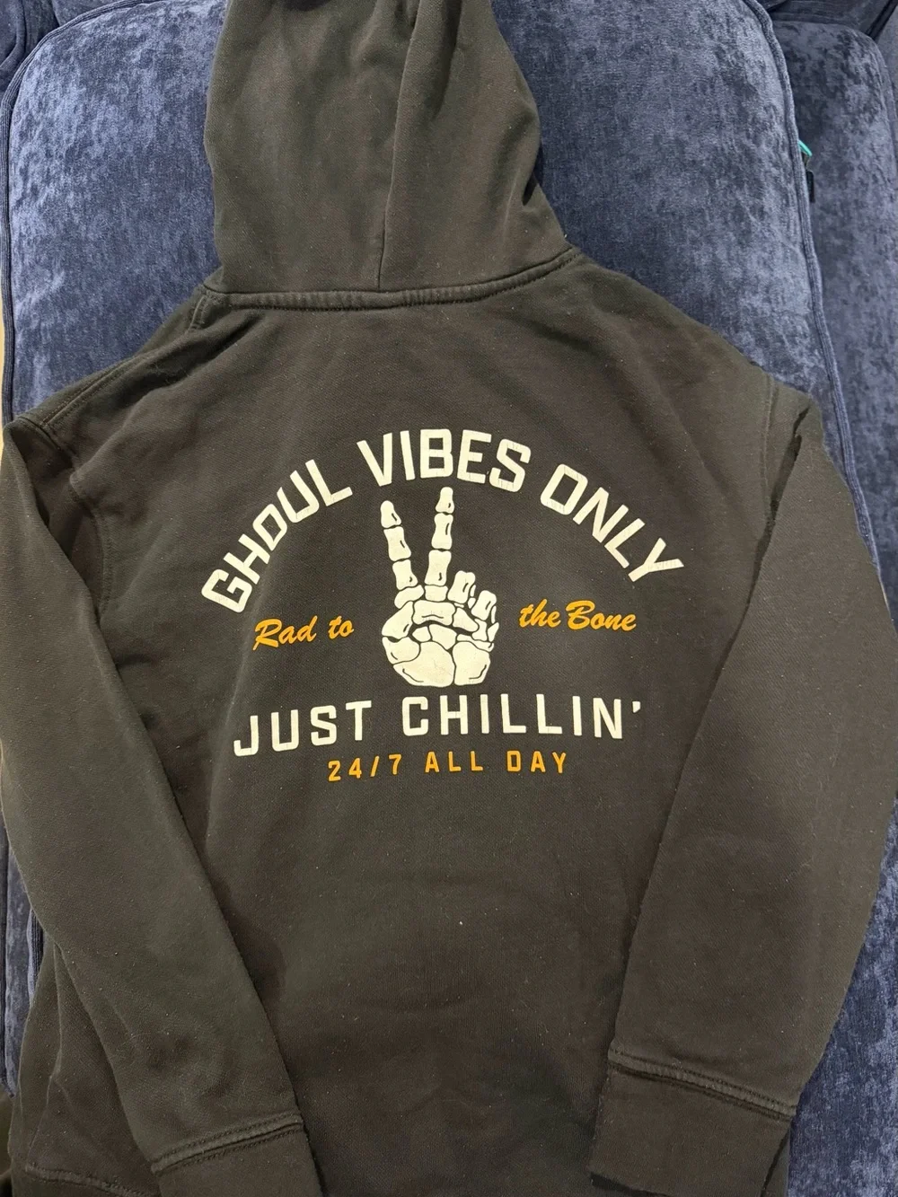 Old Navy Black Hoodie with Cream and Gold Graphic - Ghoul Vibes